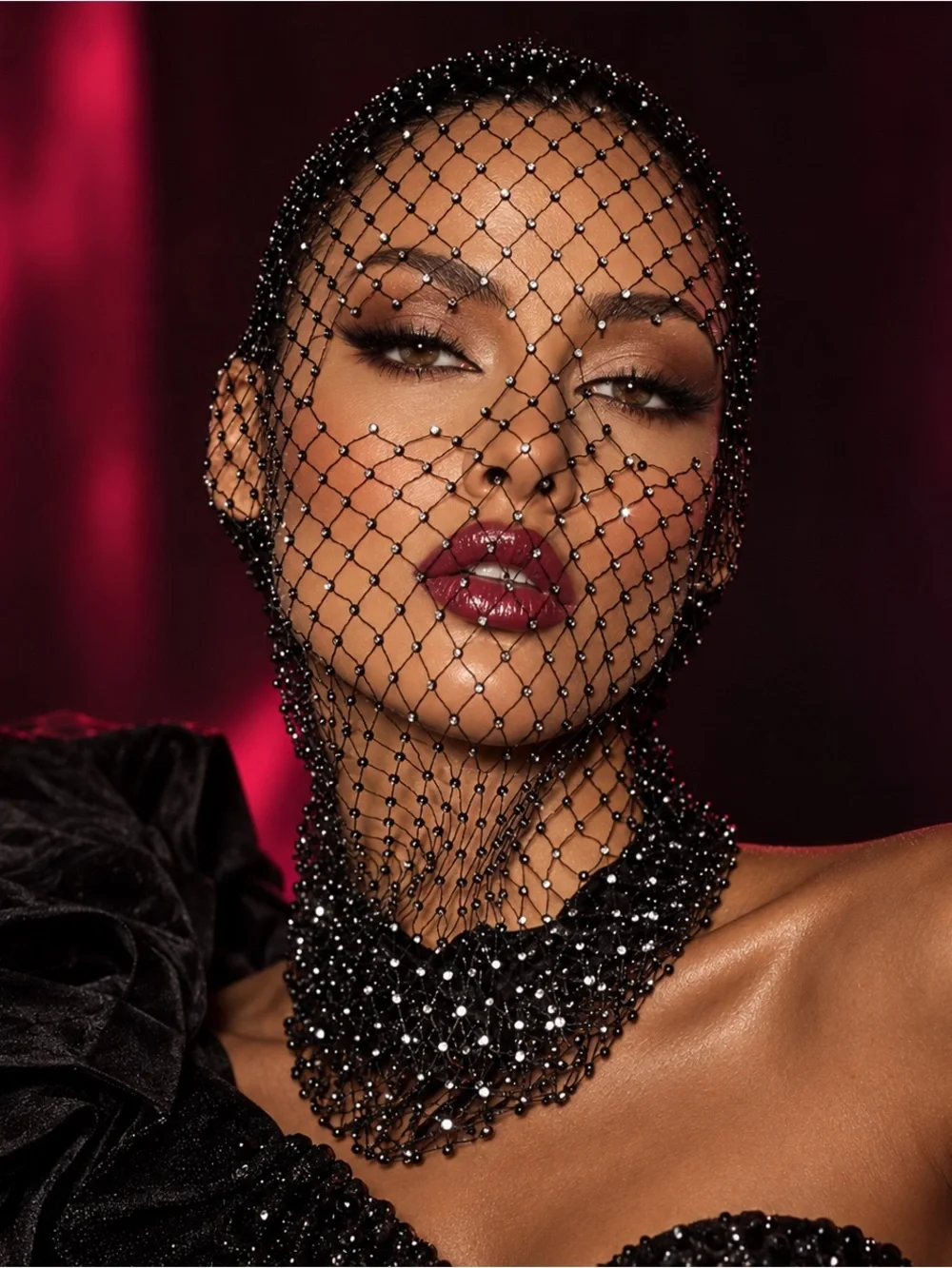 Black Sparkly Rhinestone Mesh Face Veil